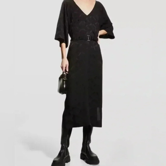 Ganni Naia Jacquard Black Floral Wide Sleeve Cross Back Midi Dress Size 6 - Picture 3 of 15